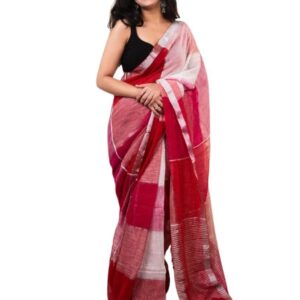 Women's Pure Linen Saree with Blouse Piece | Soft Lightweight Traditional Saree for Party, Festive & Casual Wear | Elegant Woven Saree with Tassel Pallu (Red and White)