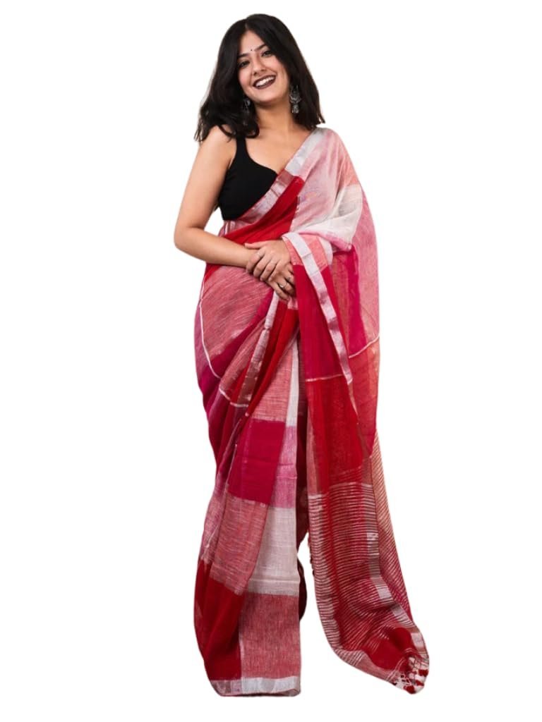 Women's Pure Linen Saree with Blouse Piece | Soft Lightweight Traditional Saree for Party, Festive & Casual Wear | Elegant Woven Saree with Tassel Pallu (Red and White)