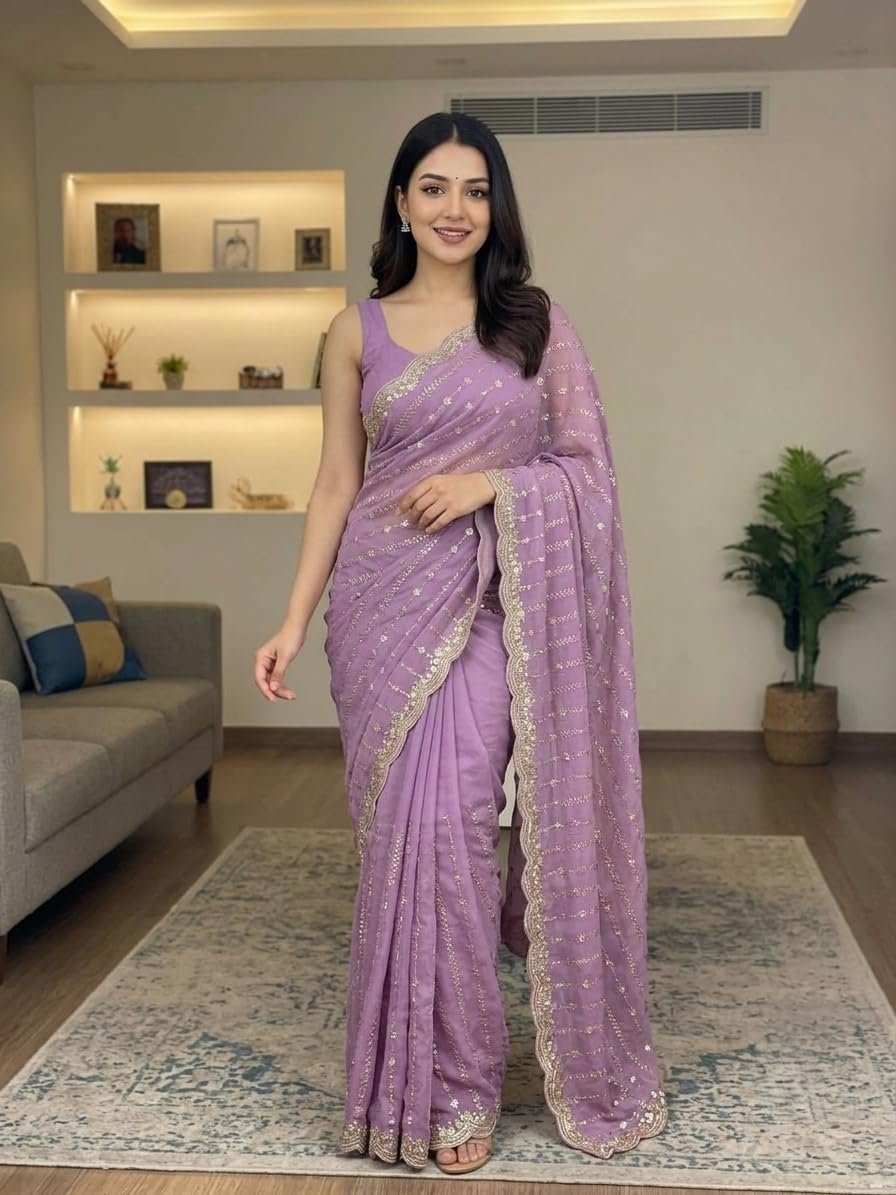 RADHA Women’s Embroidery Work Saree with Designer Border | Festive & Party (LAVENDAR)