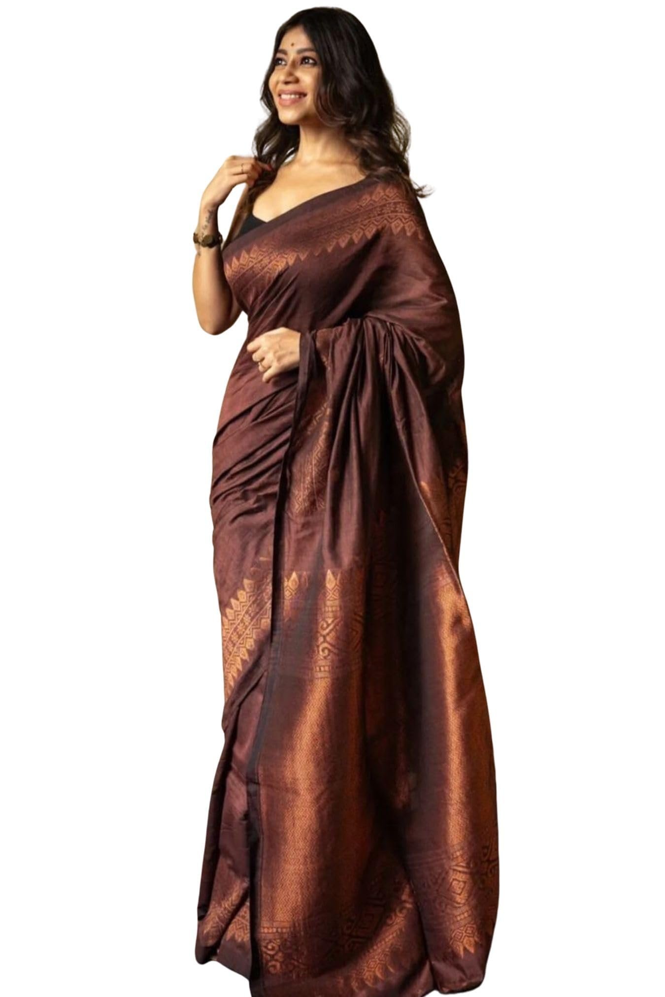 Women's Kanjivaram Pure Soft Silk Saree With Unstitched Blouse Piece (Brown)