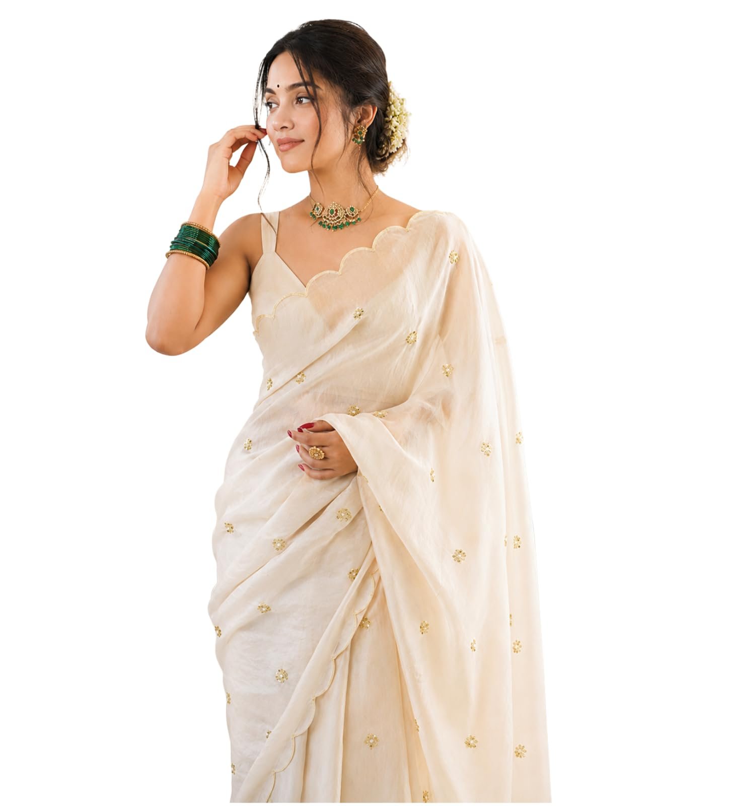 Women's Soft Fandy Satin Embroidered Saree with Sequin Work and Matching Dupion Blouse Piece (Chiku)
