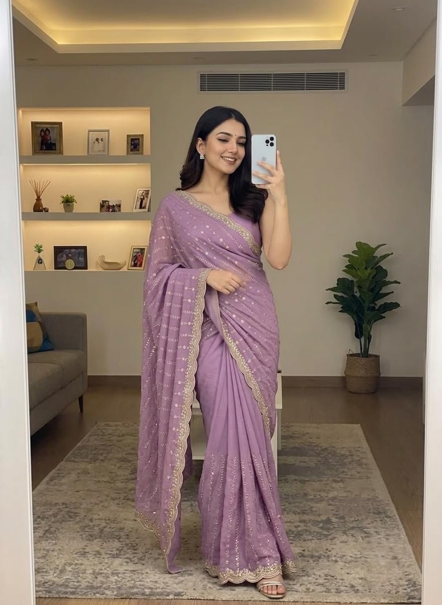 RADHA Women’s Embroidery Work Saree with Designer Border | Festive & Party (LAVENDAR)