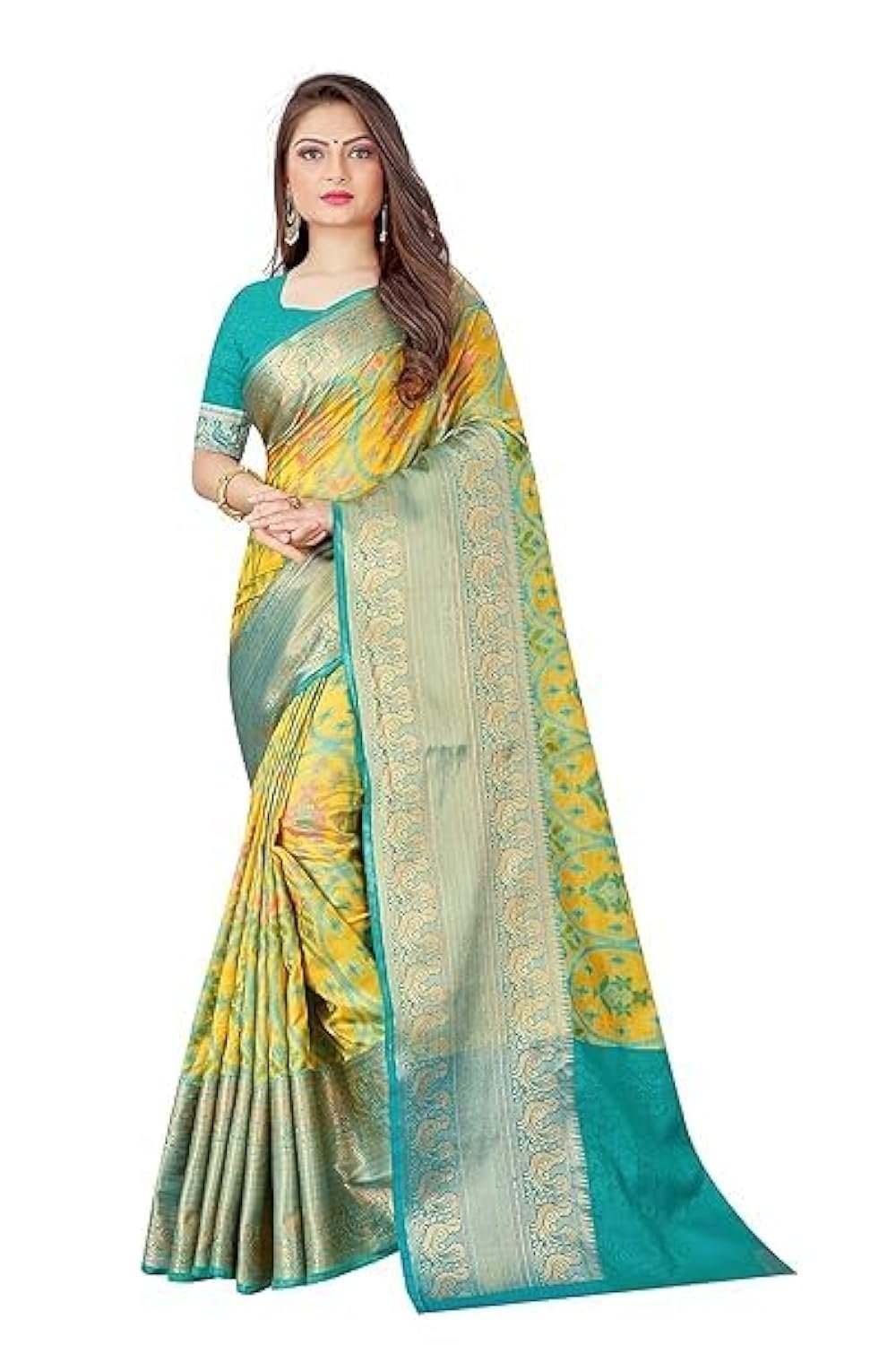 Women's kanjivaram banarasi silk saree for festival Wedding silk with rich pallu Design sarees for women with Unstitched blouse piece (YELLOW2)