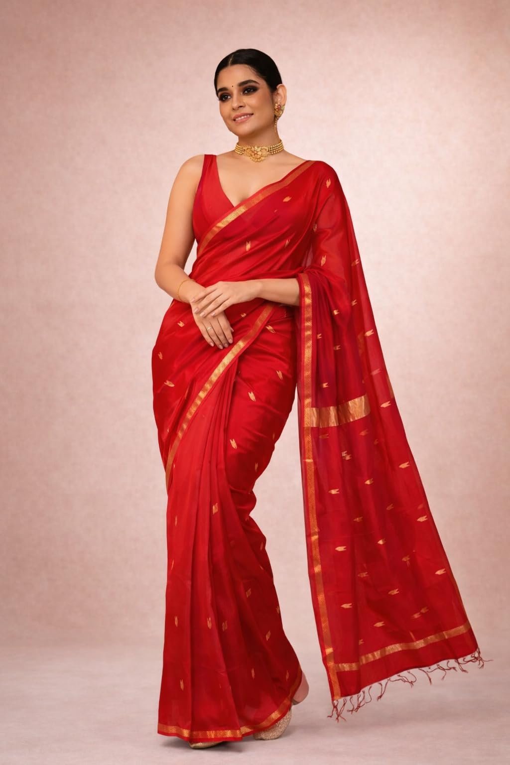 Maheshwari Soft Cotton Saree for Women | Cotton Blend | Lightweight 520grm | Traditional Small Border with Zari Pallu | Includes Matching Blouse Piece (Red)