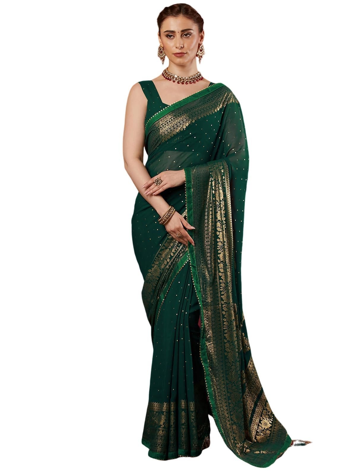 Women's Georgette Foil Printed Lace Work Saree with Unstitched Blouse Piece (4402S3154N_Dark Green)