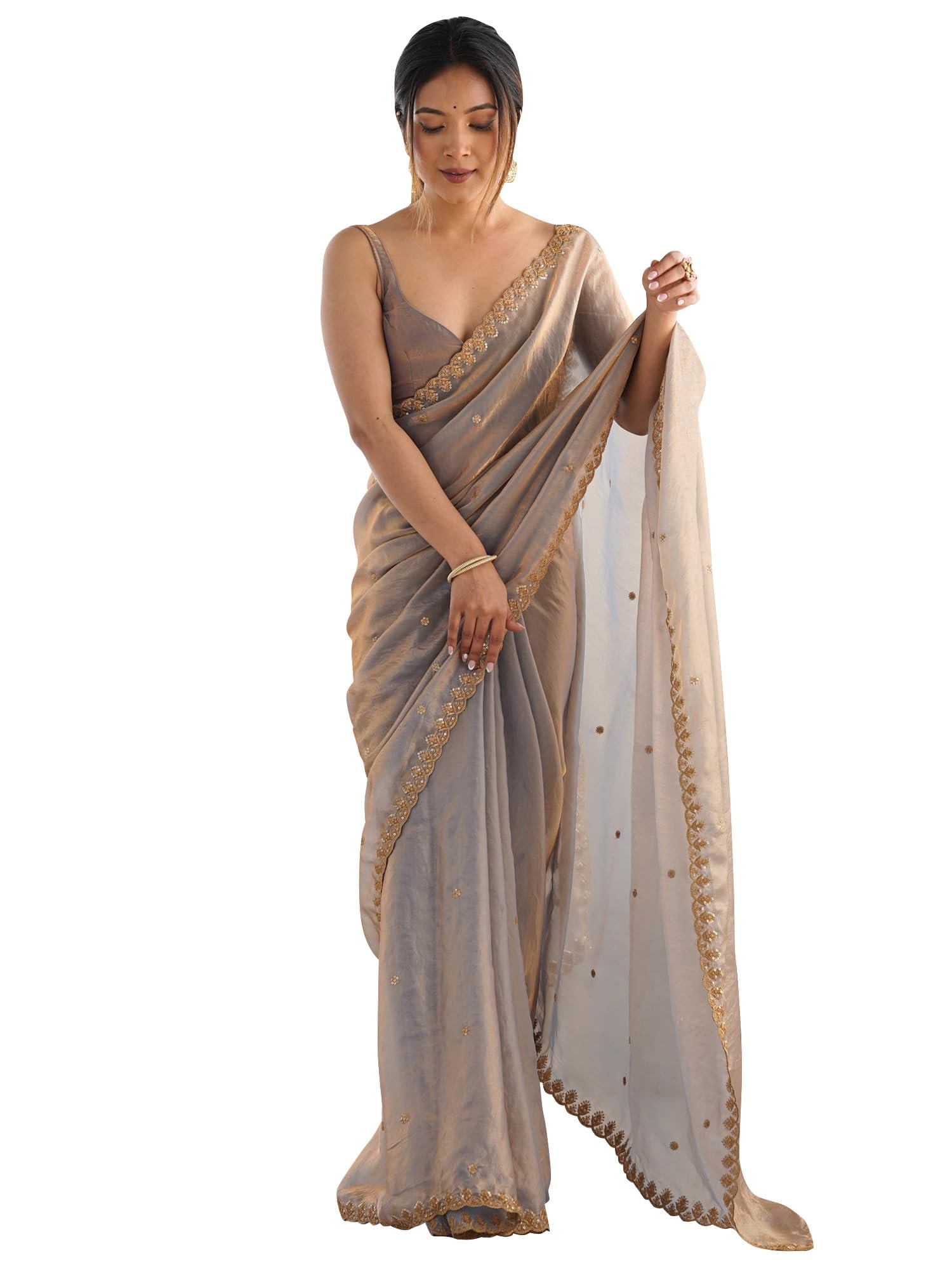 Women's Metallic Tissue Embroidered Saree With Unstitched Blouse Piece (AARYAN14301_KR)