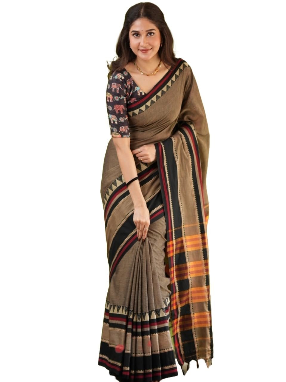 Traditional Cotton Khadi Handloom Saree, Brown with Geometric Border, Cotton Blend, Traditional Style, Rahina Model, Formal Wear (BROWN)