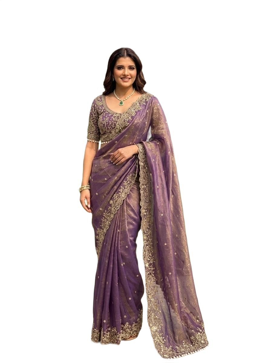 Women's Organza Silk Saree with Unstitched Blouse Piece Heavy Embroidery Work and Floral Pattern | Womens Sarees for Weddings | Party and Festivals Sari for Woman | Latest Silk Saree