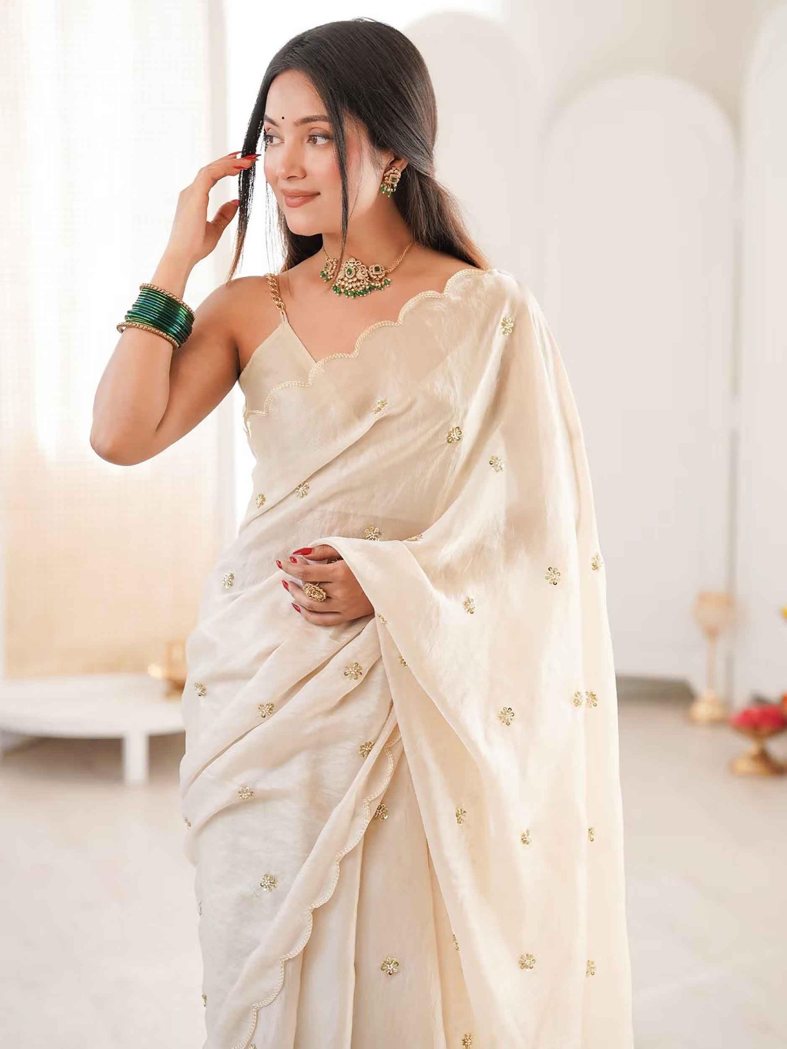 Women's Soft Fandy Satin Embroidered Saree with Sequin Work and Matching Dupion Blouse Piece (Chiku)