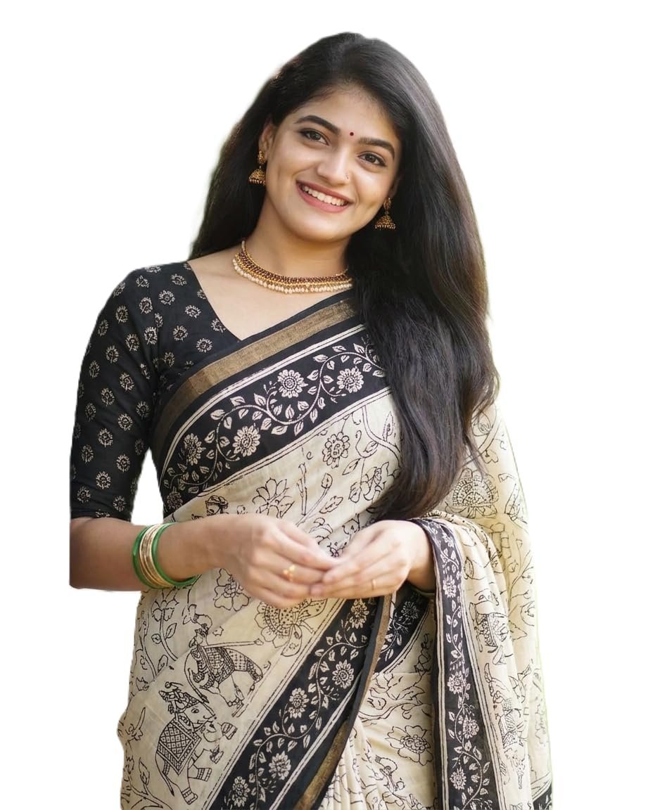 Woven Kanjivaram Printed Malmal Cotton Jari Border Saree (Available in 12 colours/designs) (Black | 4061)