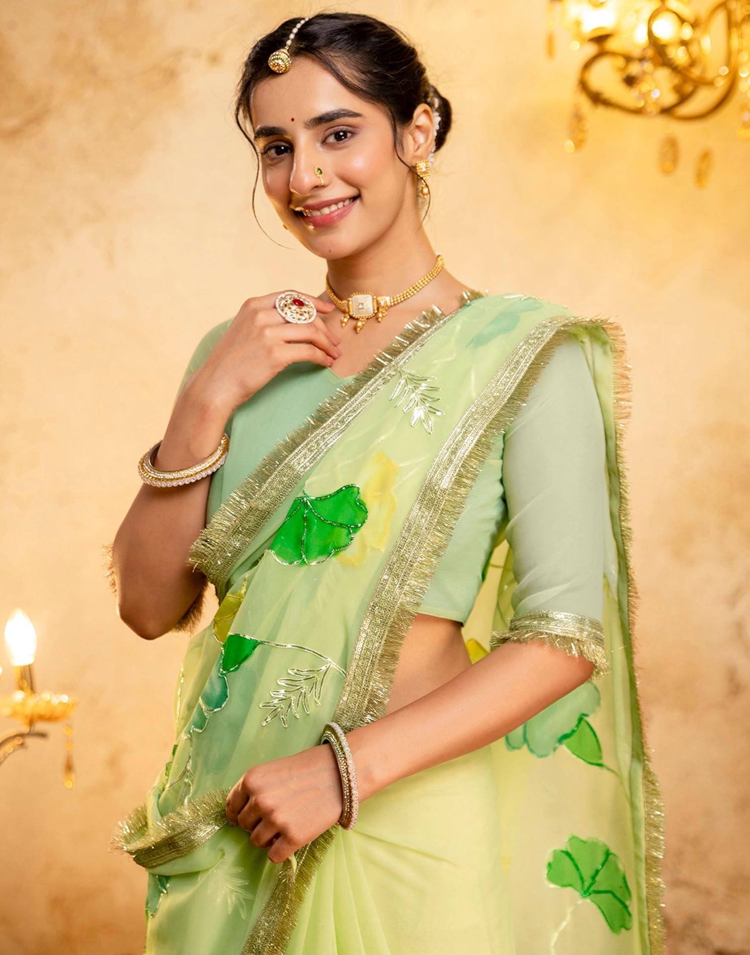 Women's Tissue Silk Floral Printed Gota Work Saree, Light Green, 5796S8251
