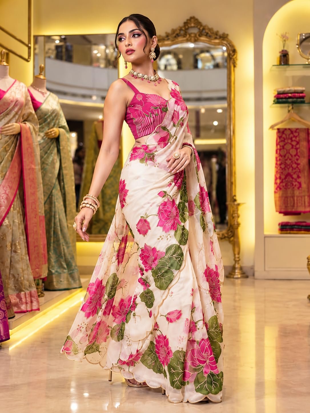 Kryone Off White Soft Georgette Handbrush Lotus Floral Designer Saree with Blouse