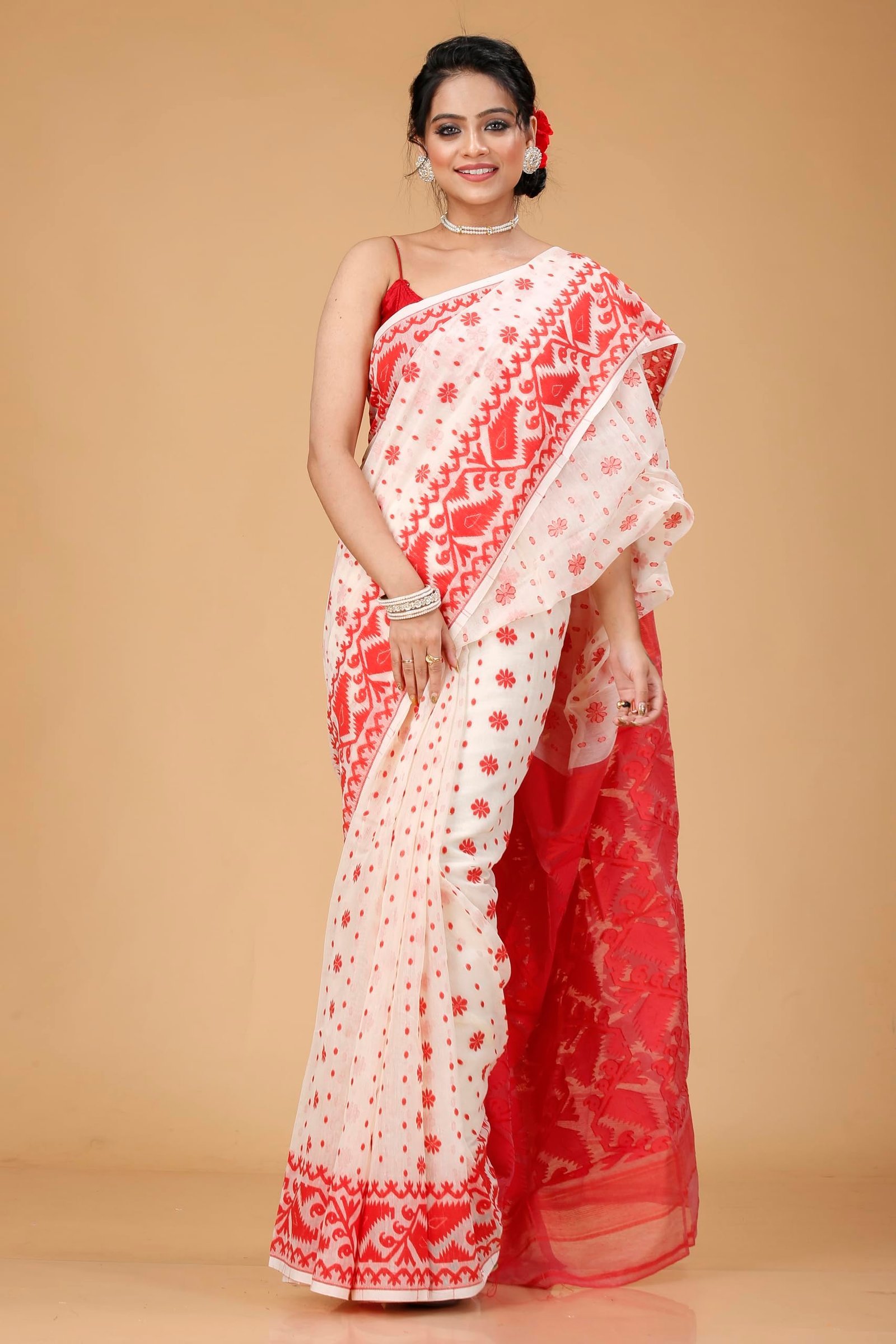 Women's Traditional Bengal Cotton Silk Soft Jamdani Saree - Beautiful design and Quality - Without Blouse Piece (White & Red)