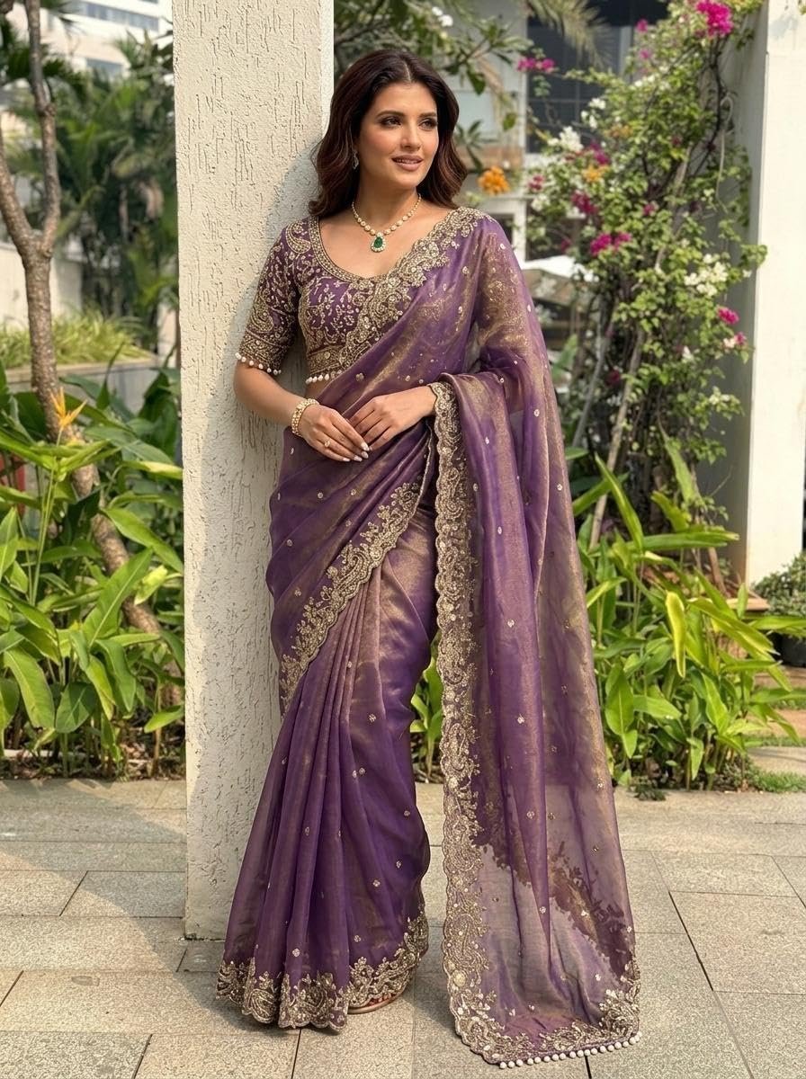 Women's Organza Silk Saree with Unstitched Blouse Piece Heavy Embroidery Work and Floral Pattern | Womens Sarees for Weddings | Party and Festivals Sari for Woman | Latest Silk Saree