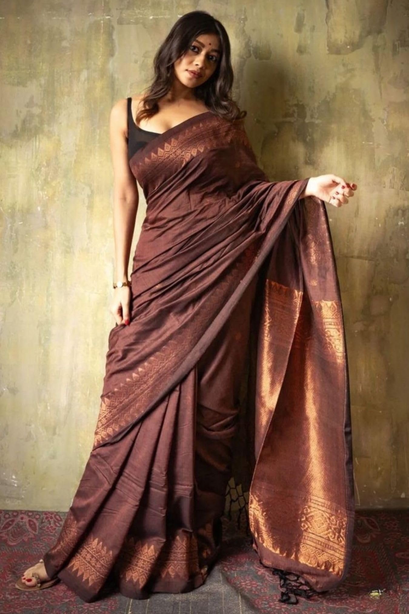Women's Kanjivaram Pure Soft Silk Saree With Unstitched Blouse Piece (Brown)