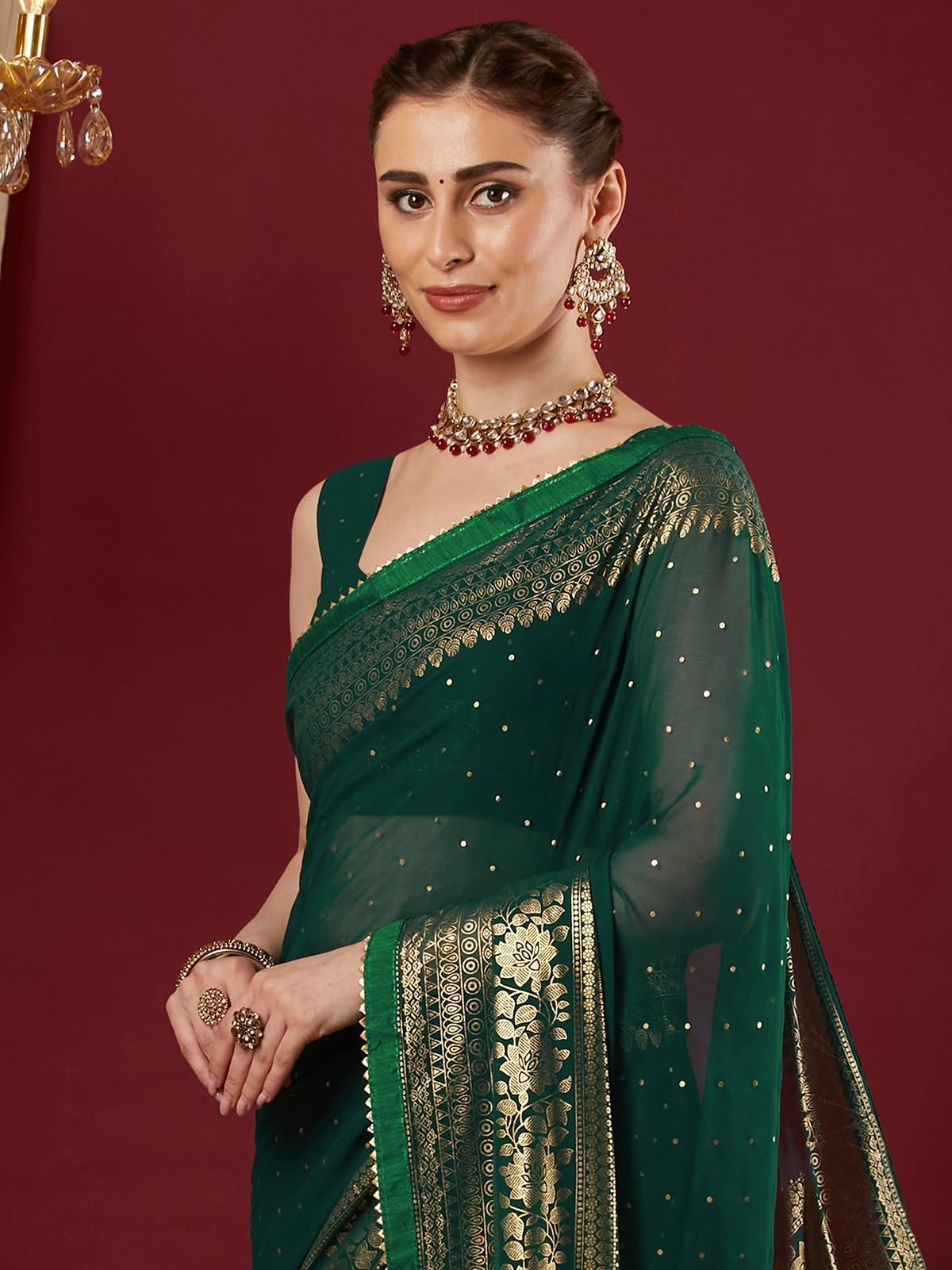 Women's Georgette Foil Printed Lace Work Saree with Unstitched Blouse Piece (4402S3154N_Dark Green)