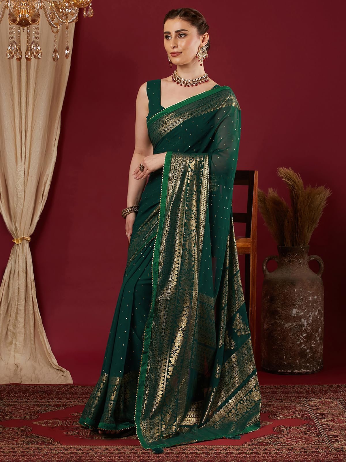 Women's Georgette Foil Printed Lace Work Saree with Unstitched Blouse Piece (4402S3154N_Dark Green)