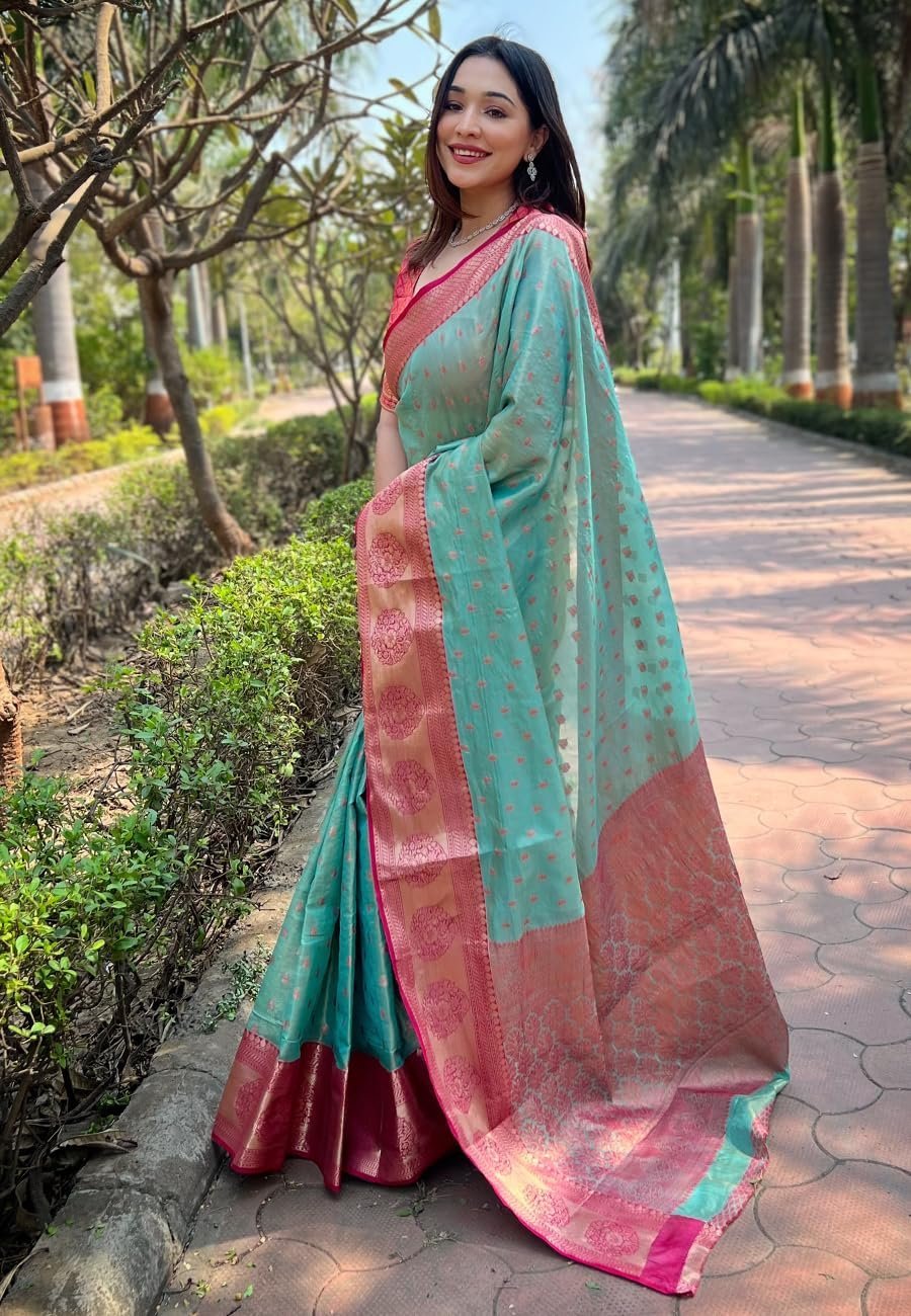 Women's Kanjivaram Designer Soft Silk Sarees With Blouse Piece (Blue)
