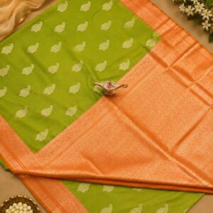 Shanthi Luxury Kanchi Semi Silk Saree for Women with Unstitched Blouse Piece | Traditional Ethnic Saree for Wedding, Festival, Party, Puja and Special Occasions (Mehendi Green & Saffron Orange)