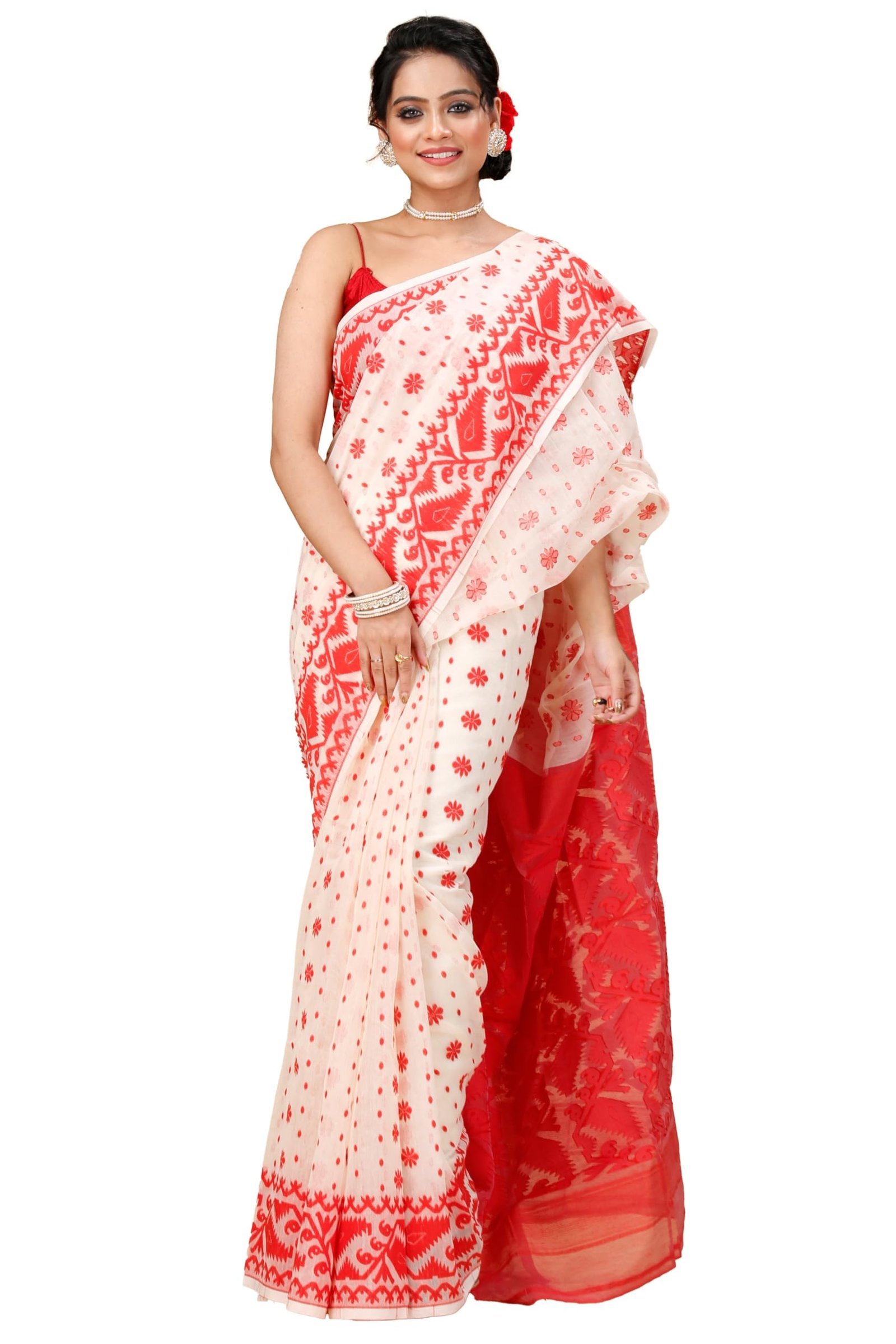Women's Traditional Bengal Cotton Silk Soft Jamdani Saree - Beautiful design and Quality - Without Blouse Piece (White & Red)