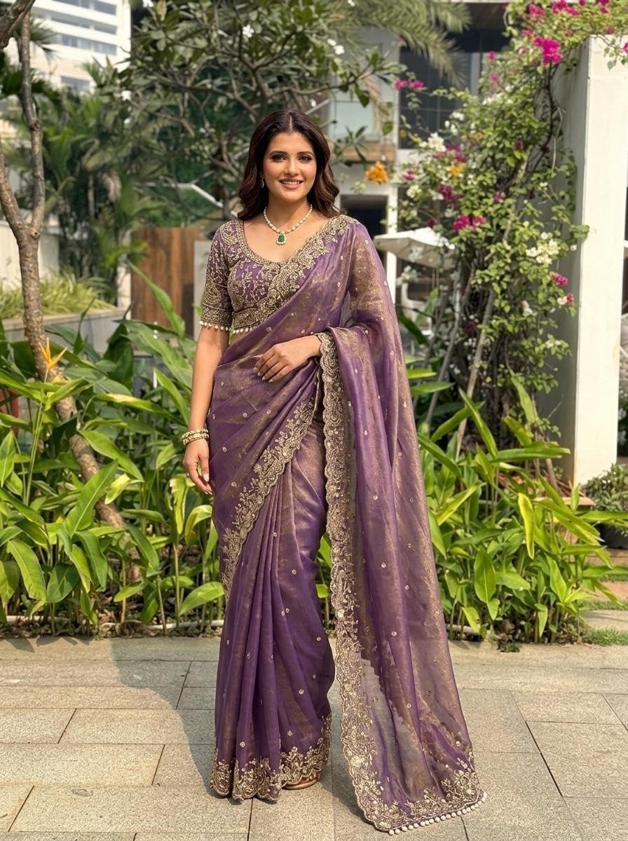 Women's Organza Silk Saree with Unstitched Blouse Piece Heavy Embroidery Work and Floral Pattern | Womens Sarees for Weddings | Party and Festivals Sari for Woman | Latest Silk Saree