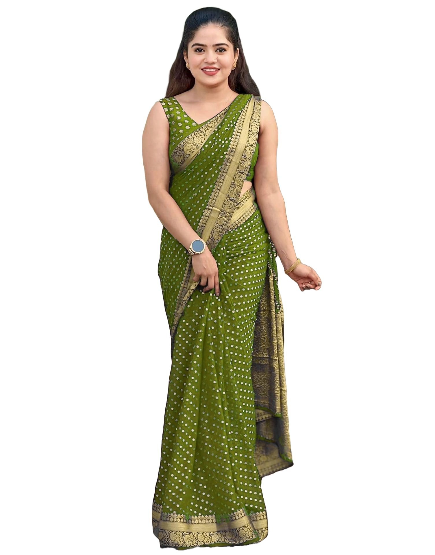 Women's Banarasi Saree Pure Kanjivaram Style Silk Saree With Blouse Piece for Wedding (MEHENDI)