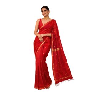 Maheshwari Soft Cotton Saree for Women | Cotton Blend | Lightweight 520grm | Traditional Small Border with Zari Pallu | Includes Matching Blouse Piece (Red)