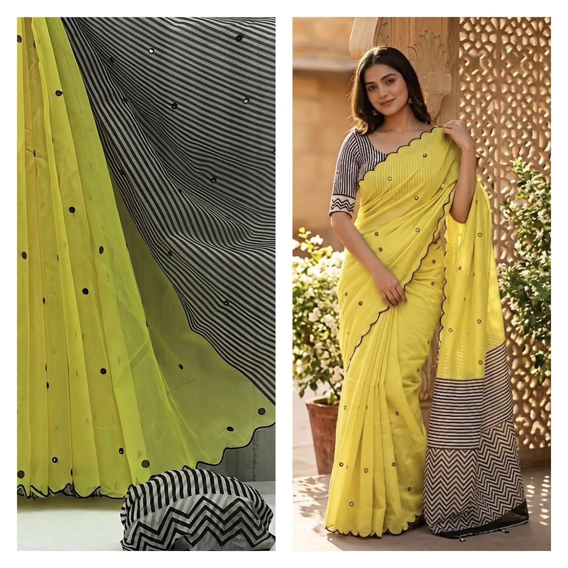 Women's Linen Cotton Saree, Yellow