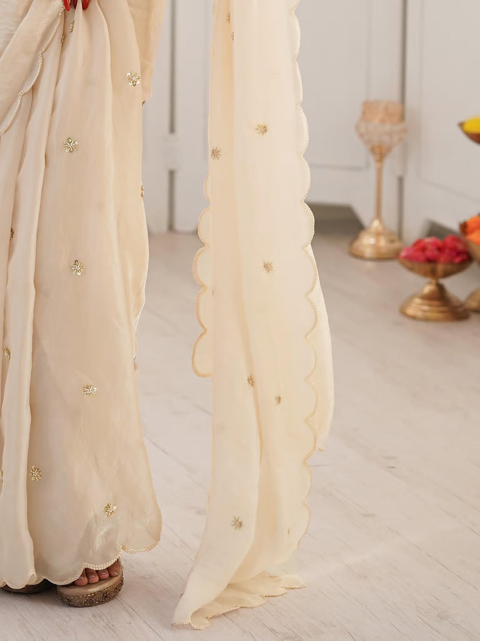 Women's Soft Fandy Satin Embroidered Saree with Sequin Work and Matching Dupion Blouse Piece (Chiku)