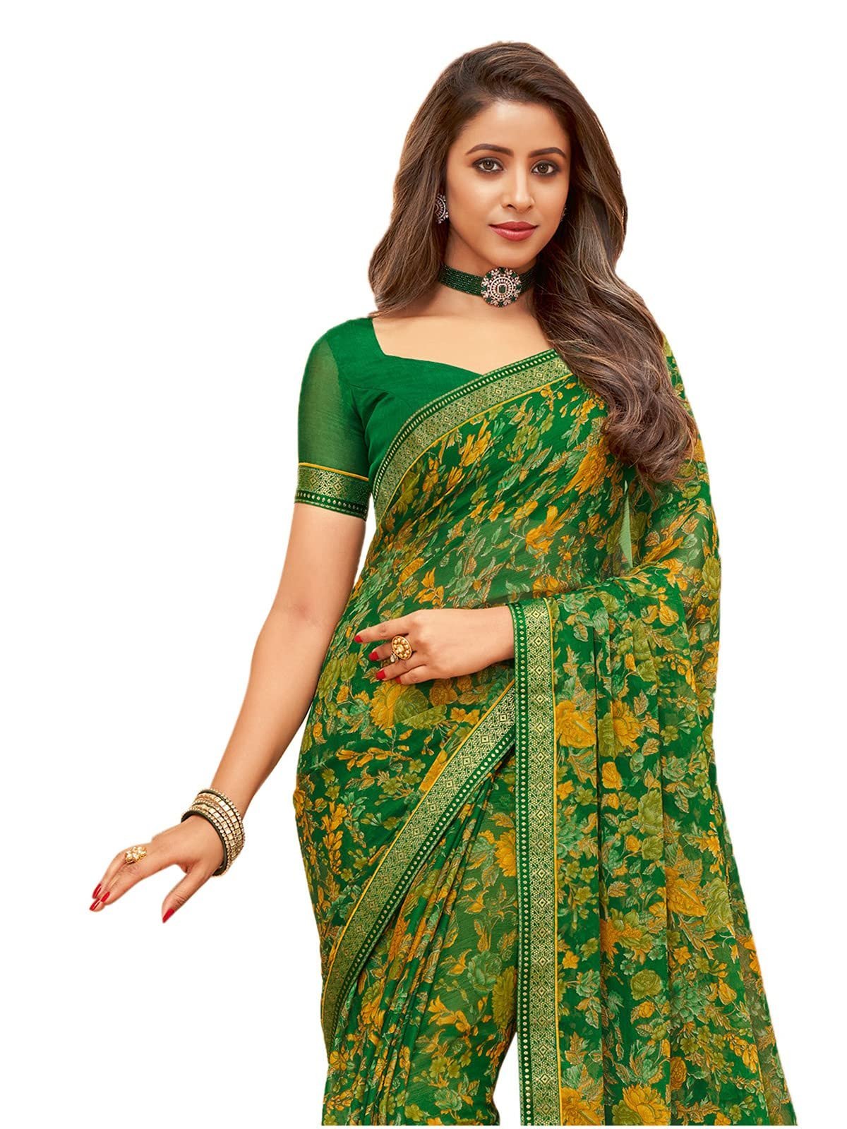 Women's Floral Printed Chiffon Saree with Blouse(1976S514_Green & Multi)