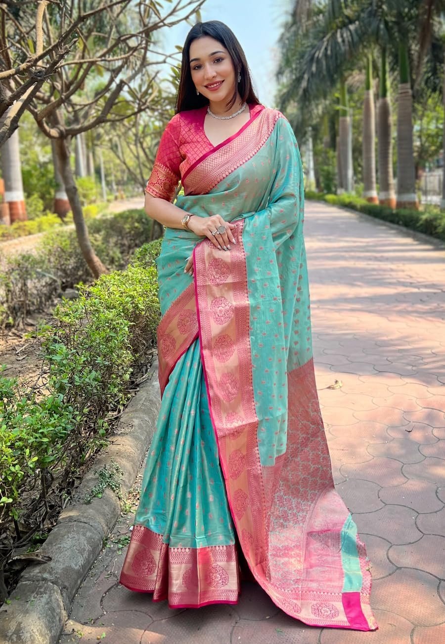 Women's Kanjivaram Designer Soft Silk Sarees With Blouse Piece (Blue)