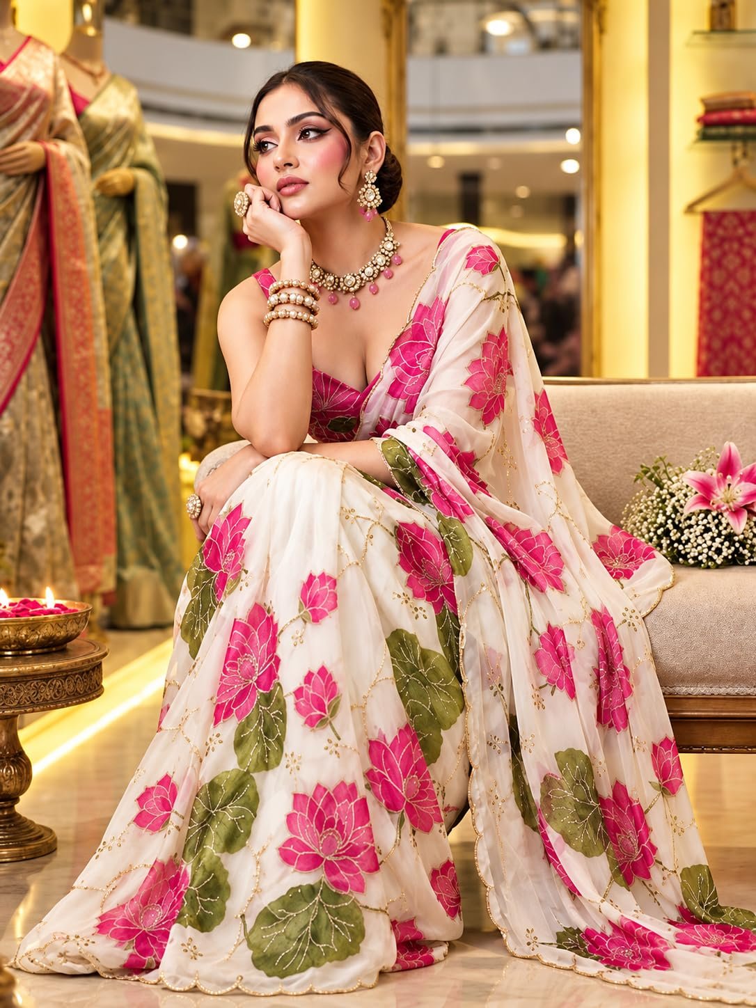 Kryone Off White Soft Georgette Handbrush Lotus Floral Designer Saree with Blouse