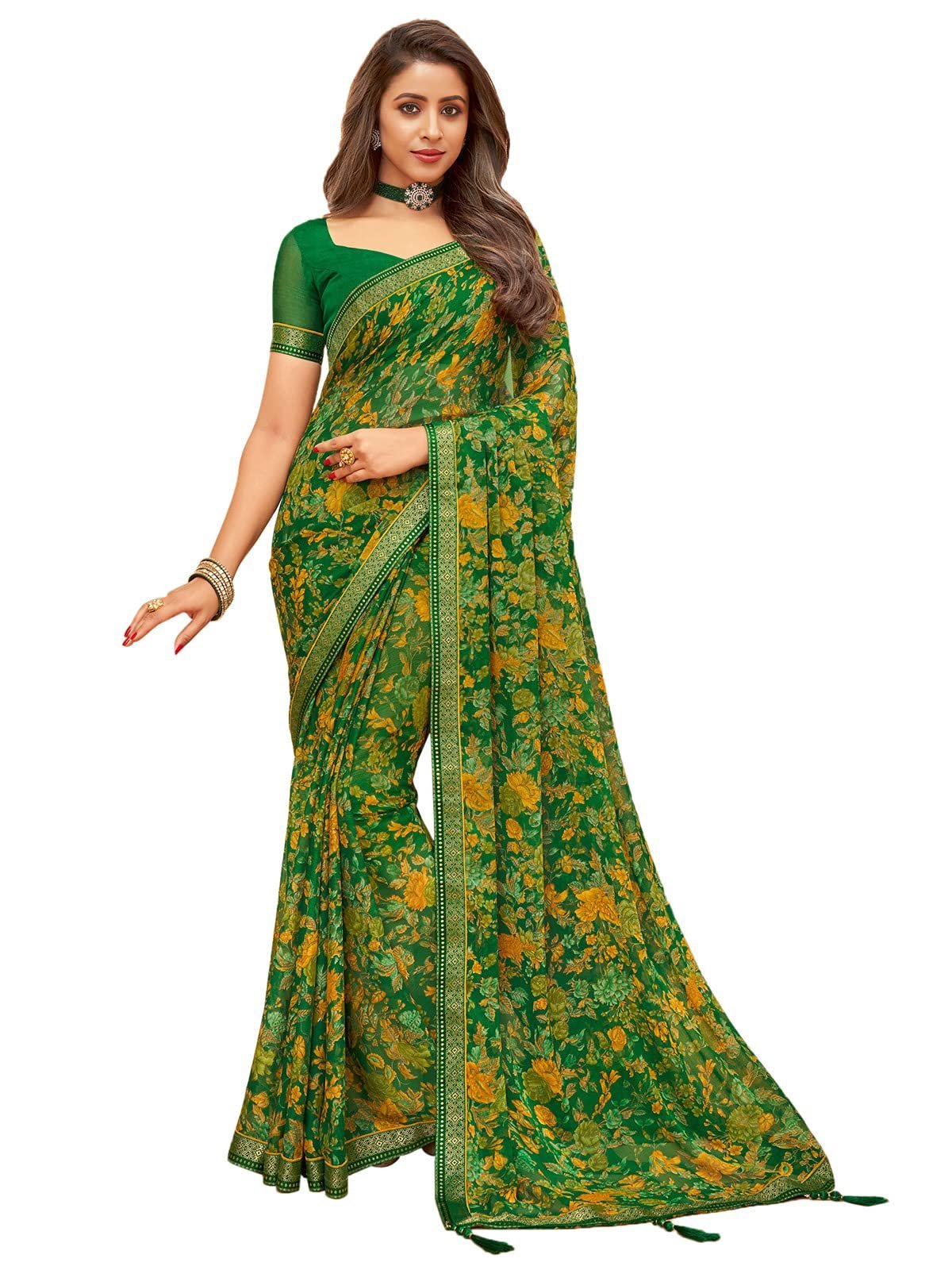 Women's Floral Printed Chiffon Saree with Blouse(1976S514_Green & Multi)