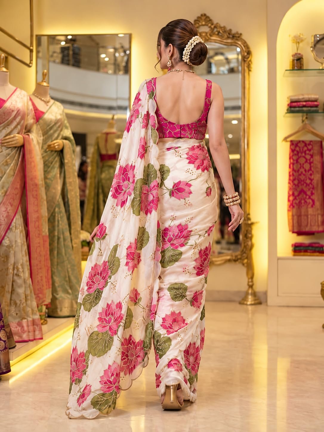 Kryone Off White Soft Georgette Handbrush Lotus Floral Designer Saree with Blouse