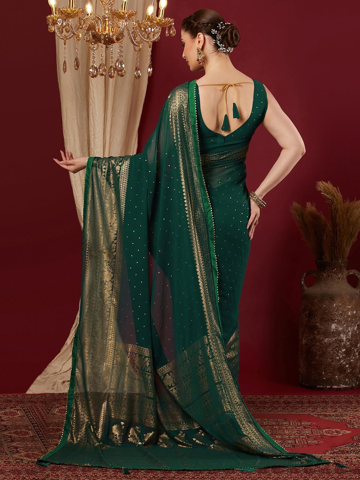 Women's Georgette Foil Printed Lace Work Saree with Unstitched Blouse Piece (4402S3154N_Dark Green)