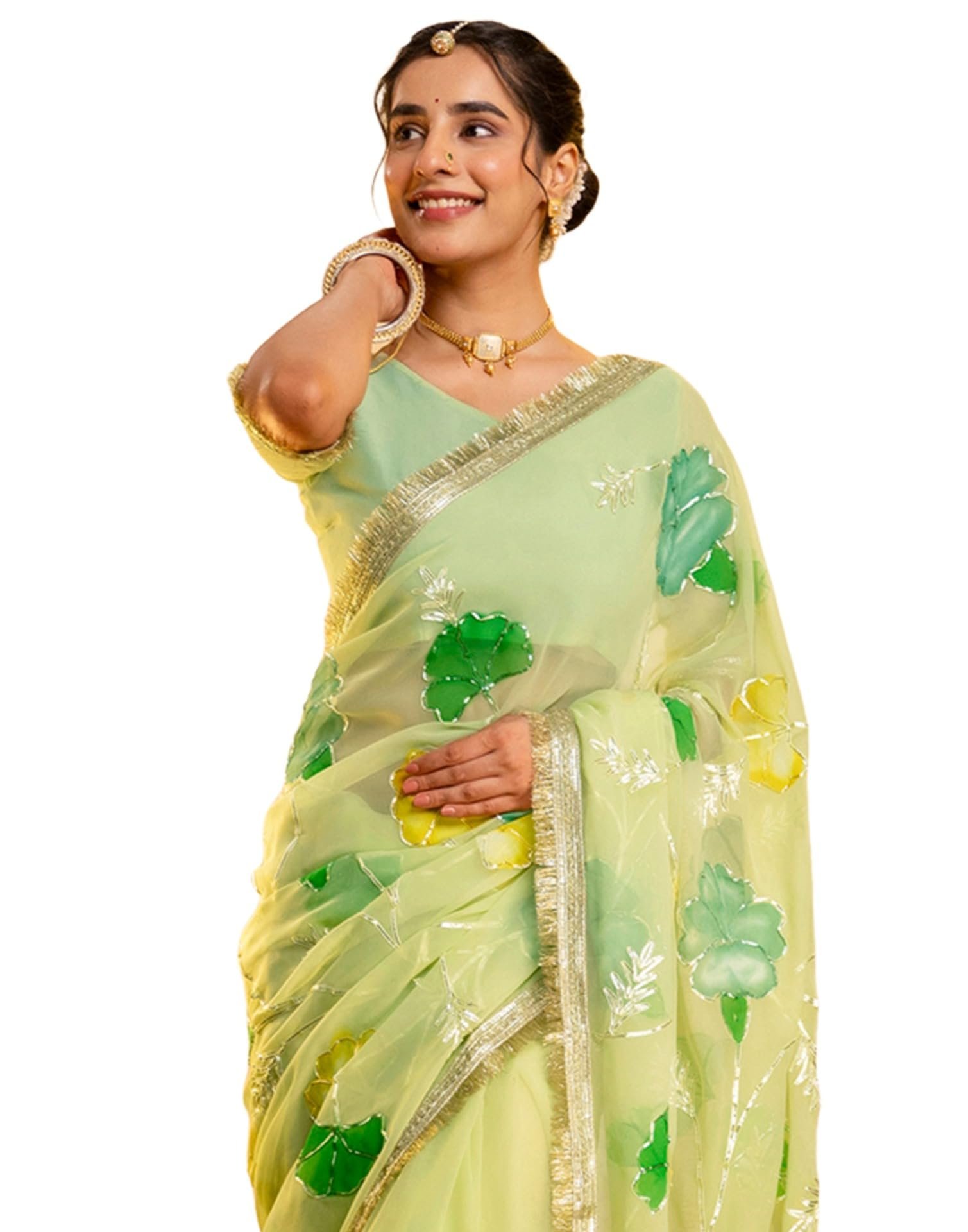 Women's Tissue Silk Floral Printed Gota Work Saree, Light Green, 5796S8251