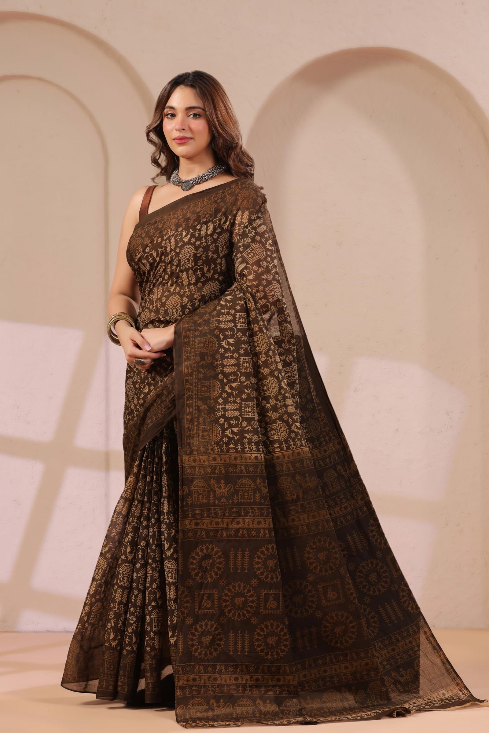 Mulmul Pure Cotton Saree For Woman Warli Printed |Office Wear Daily Wear Sarees For Women Without Blouse Piece(Available in 17 Colours), Dark Coffee