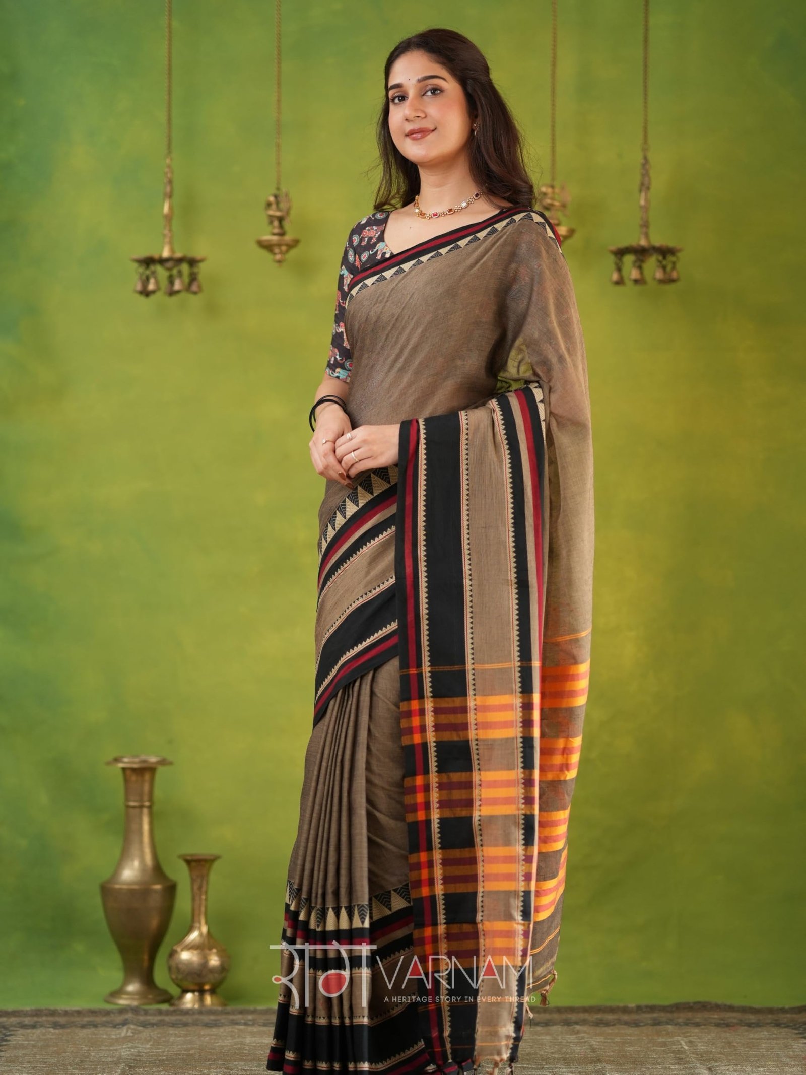 Traditional Cotton Khadi Handloom Saree, Brown with Geometric Border, Cotton Blend, Traditional Style, Rahina Model, Formal Wear (BROWN)