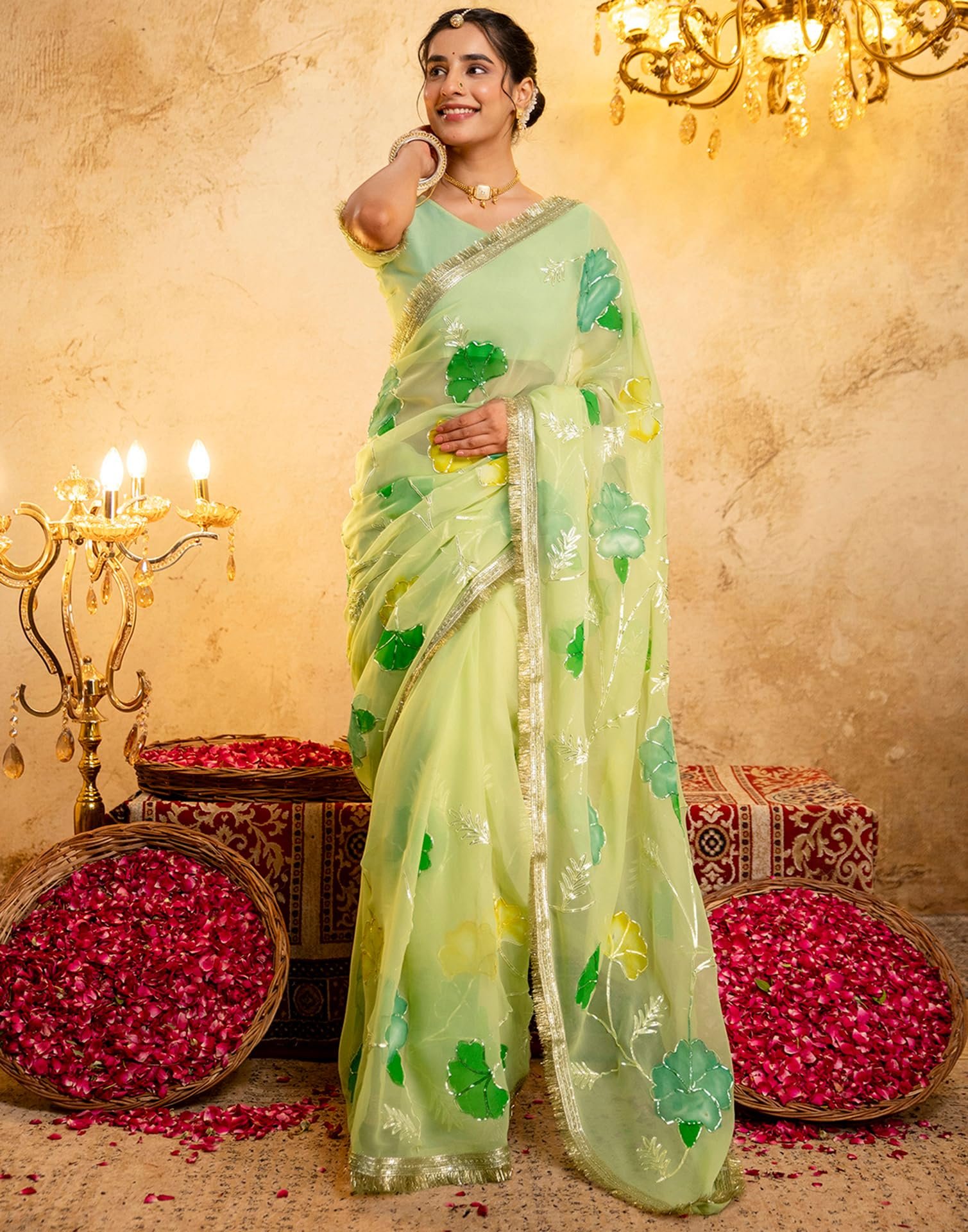 Women's Tissue Silk Floral Printed Gota Work Saree, Light Green, 5796S8251