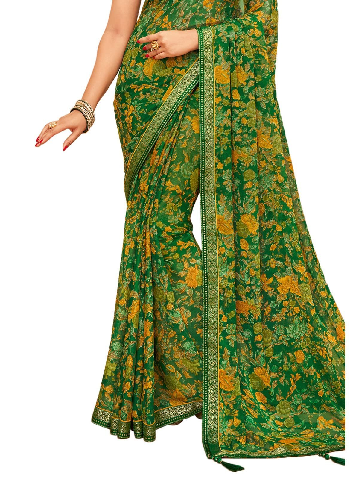 Women's Floral Printed Chiffon Saree with Blouse(1976S514_Green & Multi)