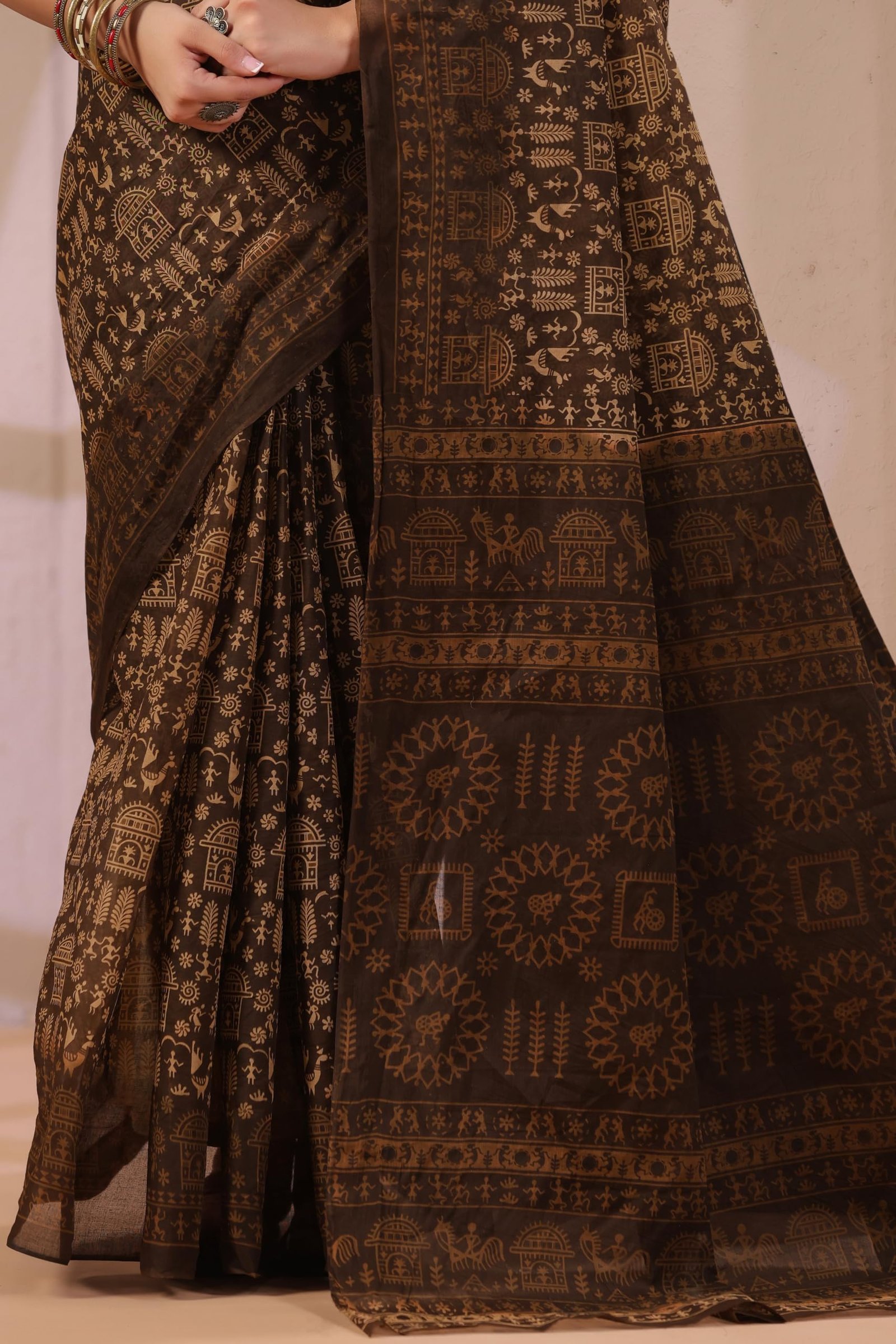 Mulmul Pure Cotton Saree For Woman Warli Printed |Office Wear Daily Wear Sarees For Women Without Blouse Piece(Available in 17 Colours), Dark Coffee