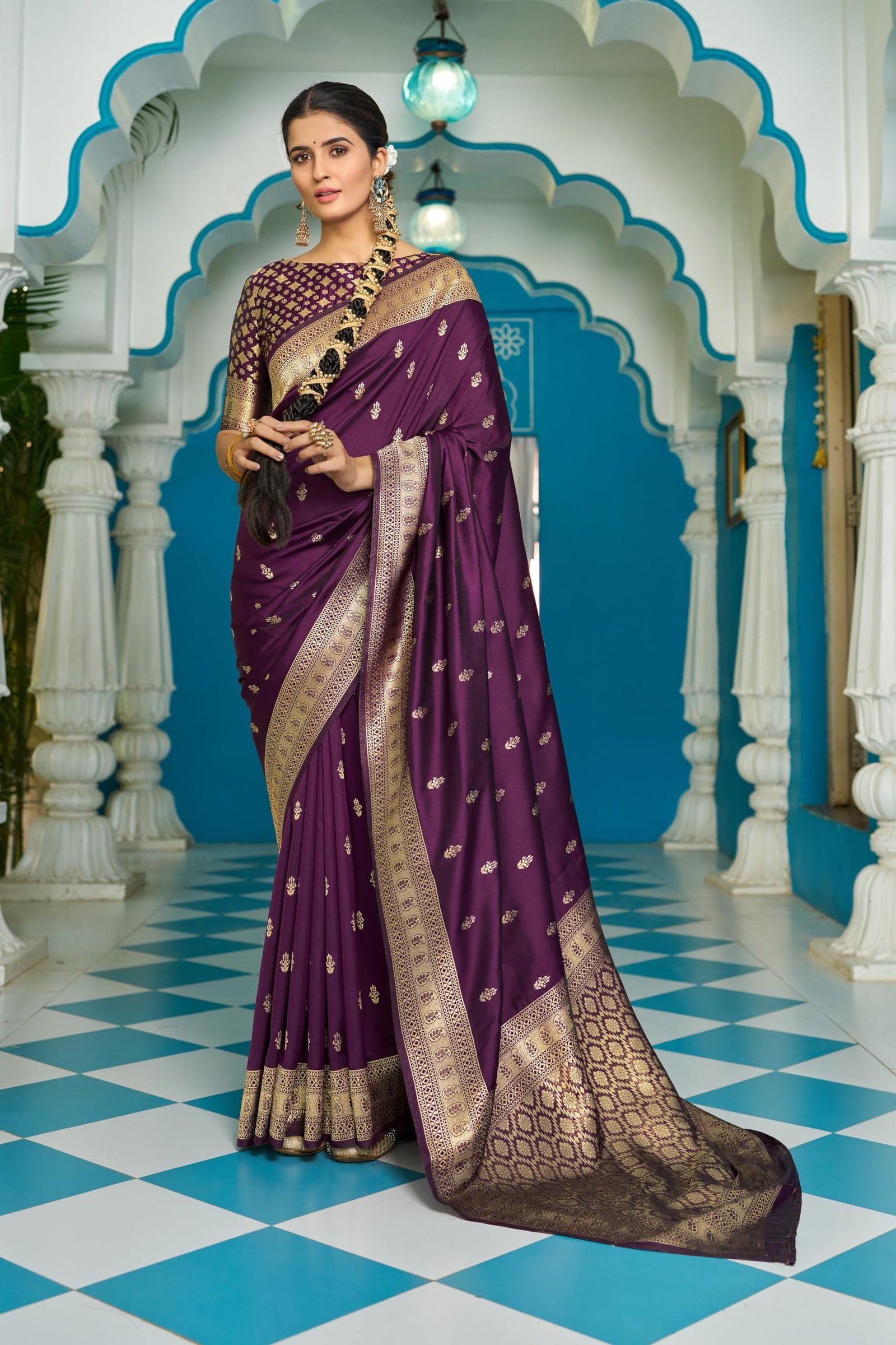Women Silk Kanjivaram Sarees Kanchipuram Saree With Blouse Piece (Purple)