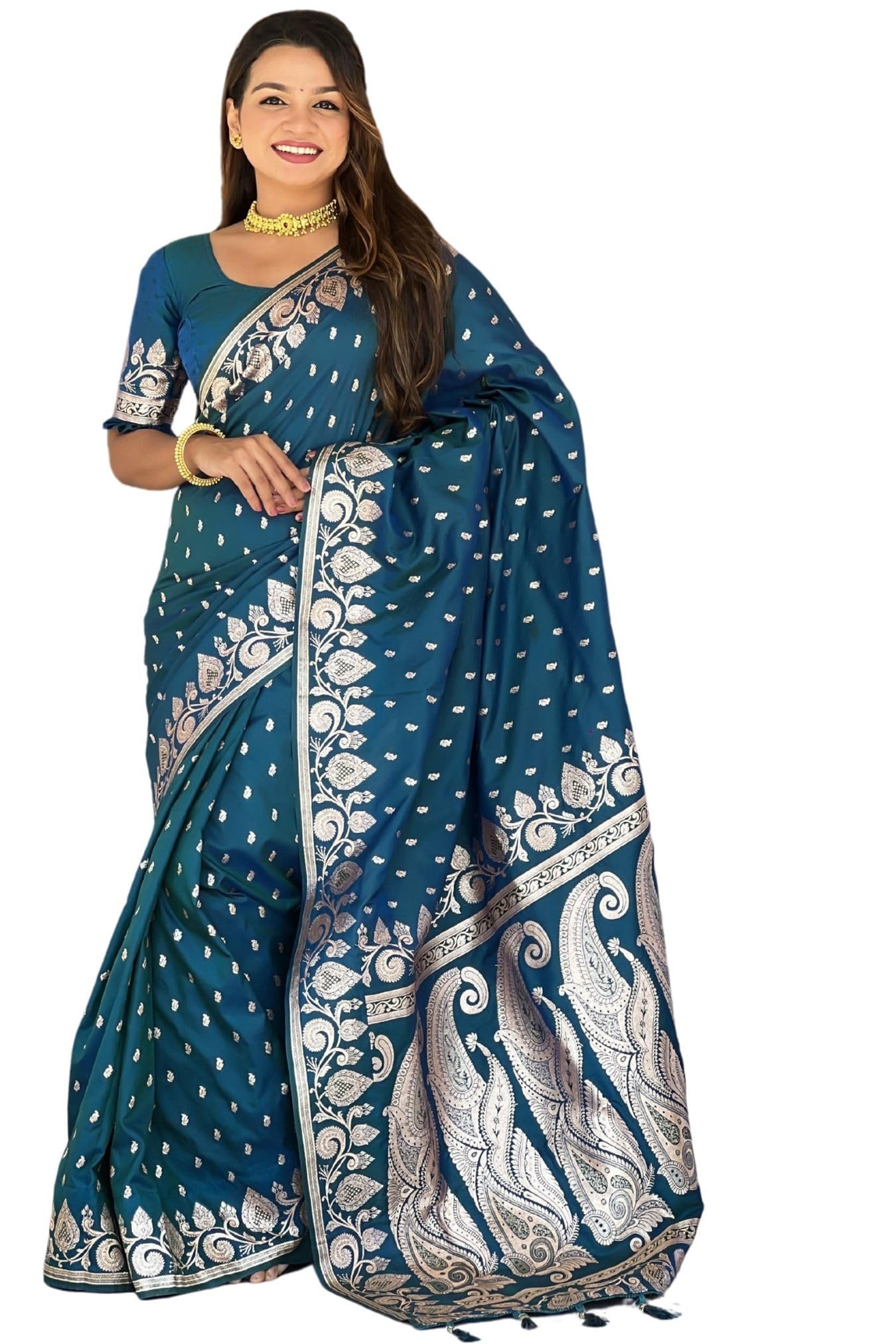 Women's Kanjivaram Pure Soft Silk Saree With Blouse Piece (Rama Blue)