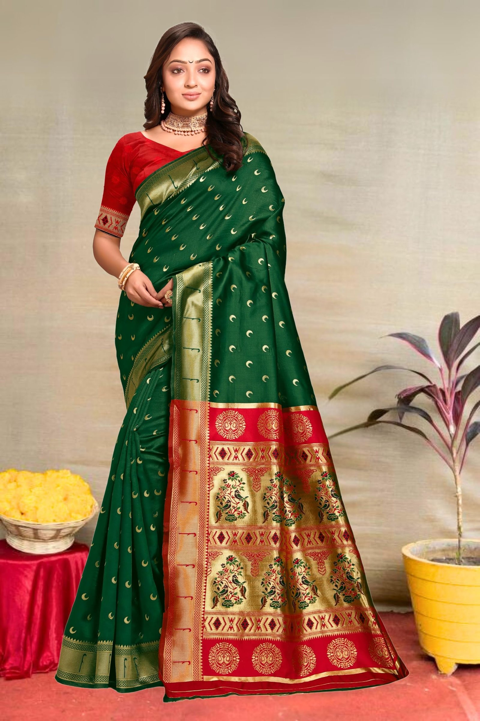 Women's Banarasi Saree Pure Kanjivaram Silk Saree Soft Design Wear Pattu Sarees Latest Cotton With Blouse Piece for Wedding sadi new ladies 2025 (Chand paithani) (Green-Red)