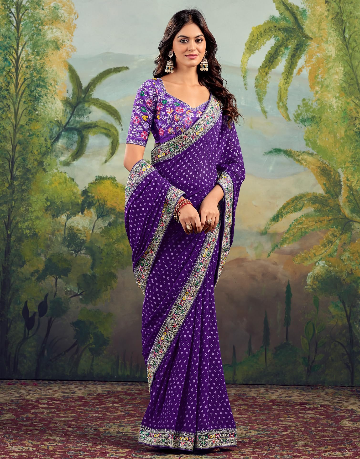 Women's Georgette Bandhani Printed Embroidery Saree, Traditional Wedding Sarees For Women With Unstitched Blouse Piece (4115S904_Violet)