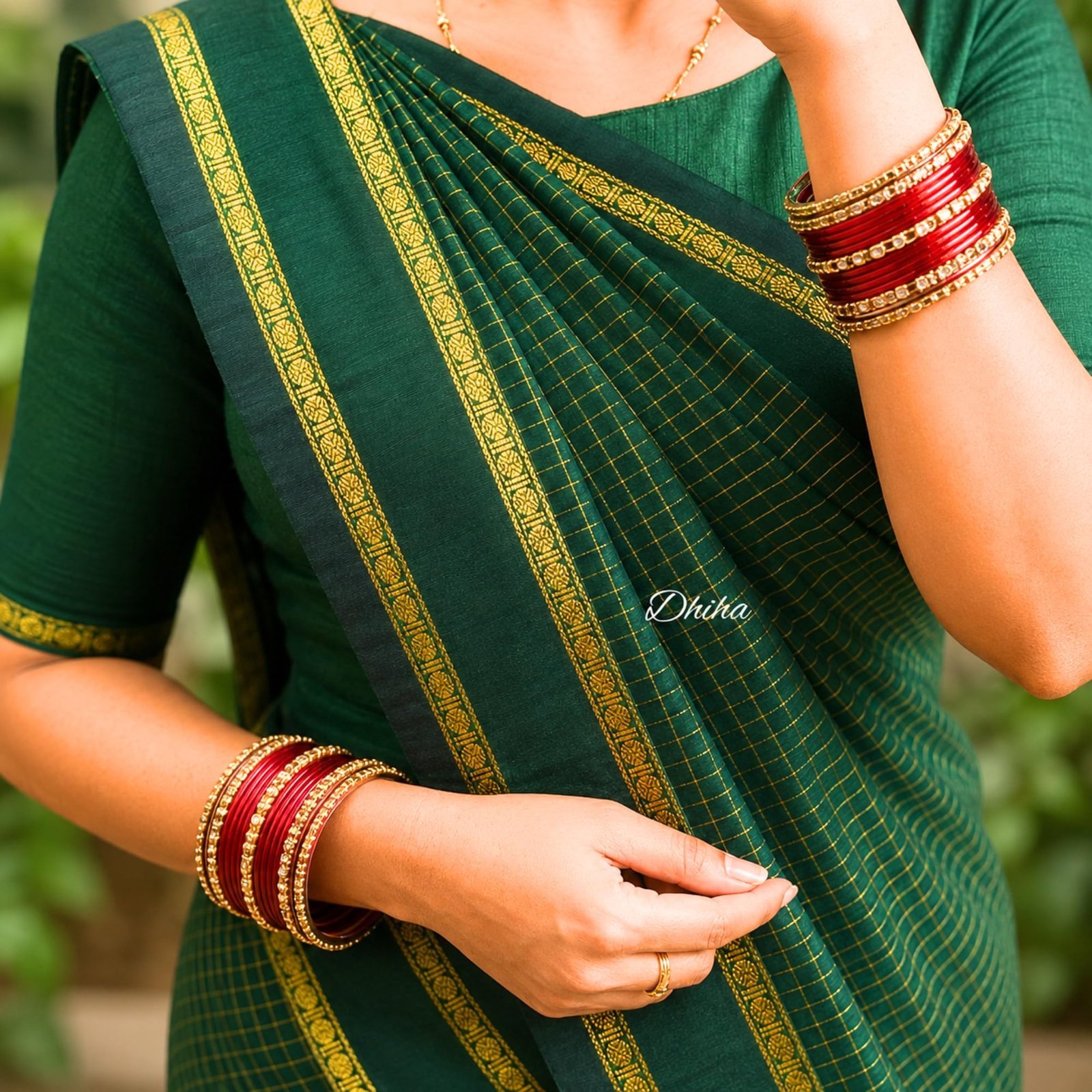 Pure Kalyani Cotton Saree for Women | Aarani Koora Kattam Checked Saree with Zari Border, Tassels & Running Blouse | Kanjivaram Cotton Silk | Handloom Weave (Dark Green Arani)