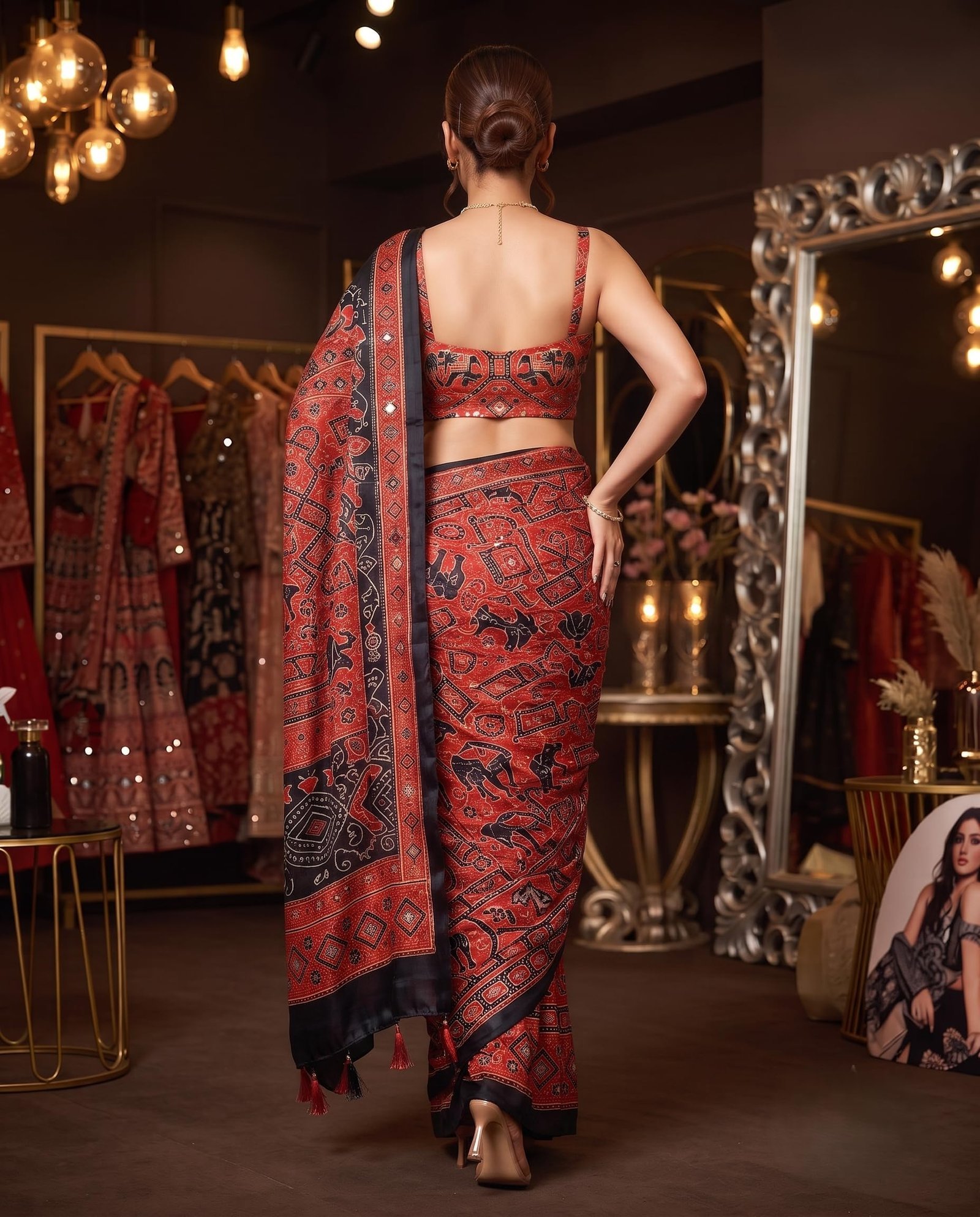 Women’s Viscose Silk Printed Saree with Original Mirror Work, Designer Ethnic Saree with Decorative Border & Rich Pallu, Unstitched Blouse Piece (MIMOSSA - RED)