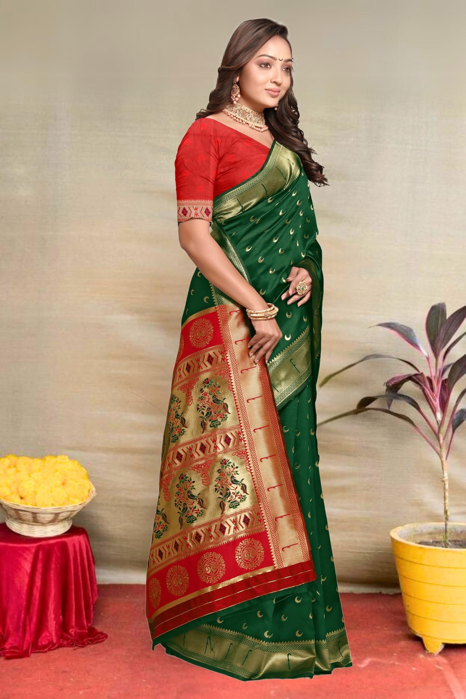 Women's Banarasi Saree Pure Kanjivaram Silk Saree Soft Design Wear Pattu Sarees Latest Cotton With Blouse Piece for Wedding sadi new ladies 2025 (Chand paithani) (Green-Red)