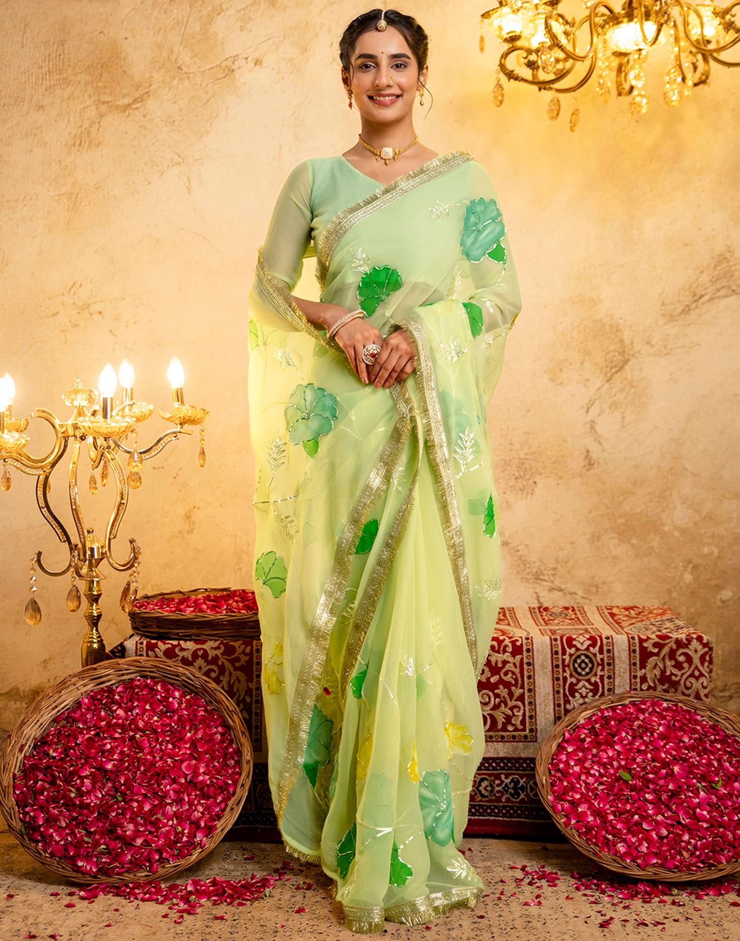Women's Tissue Silk Floral Printed Gota Work Saree, Light Green, 5796S8251