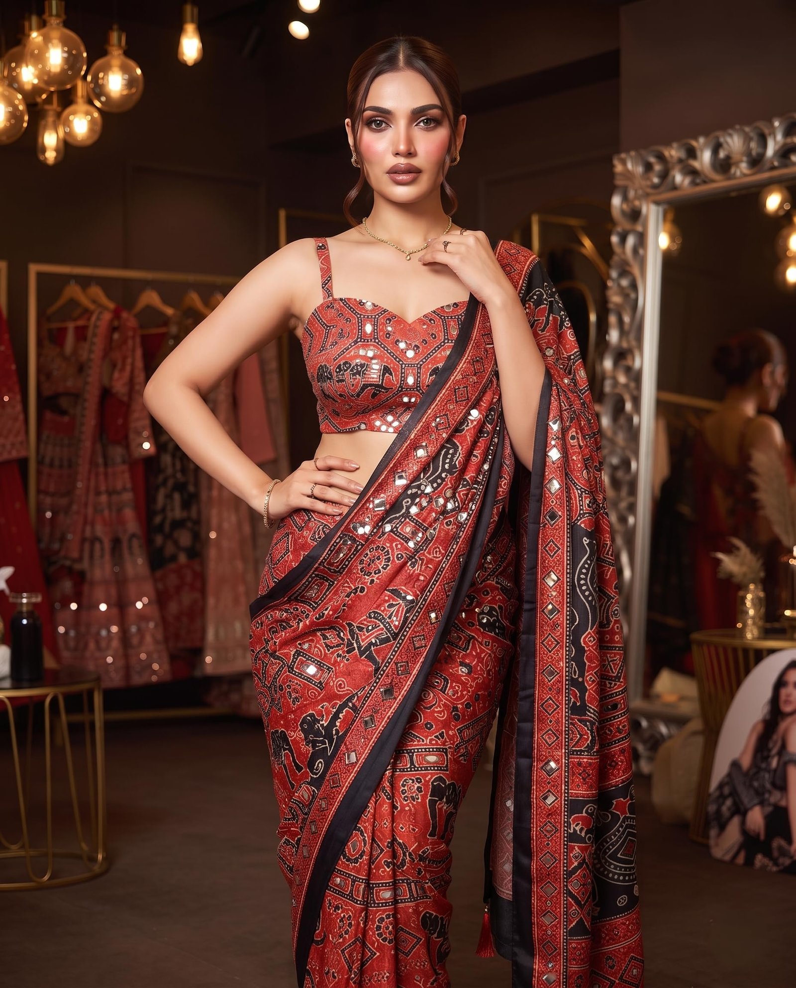 Women’s Viscose Silk Printed Saree with Original Mirror Work, Designer Ethnic Saree with Decorative Border & Rich Pallu, Unstitched Blouse Piece (MIMOSSA - RED)